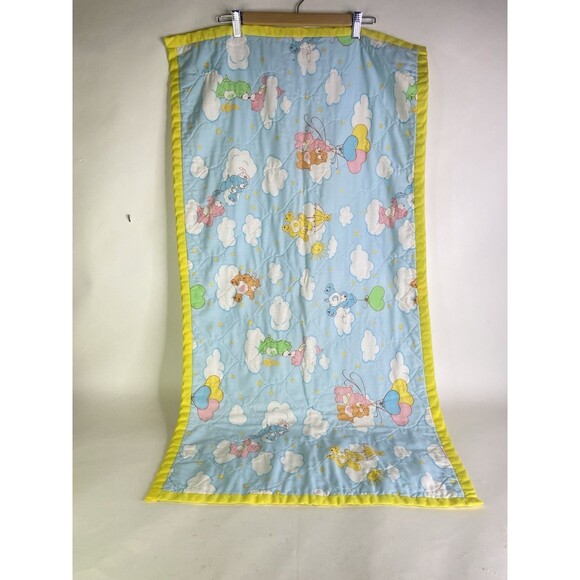 Care Bears Baby Blanket Yellow Trim Clouds Balloons Cotton Vintage
